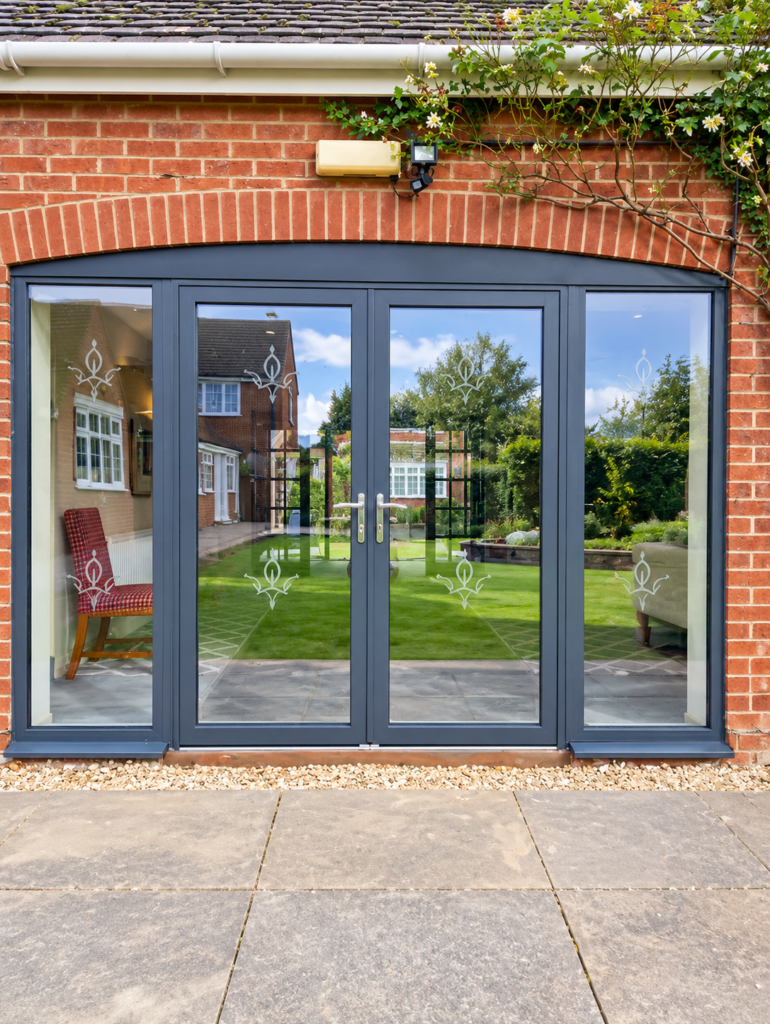 Anthracite grey aluminium bifold doors installed in a red-brick property, opening onto a garden patio.