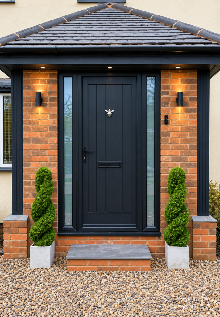 Black composite front door with glazed side panels and brick porch