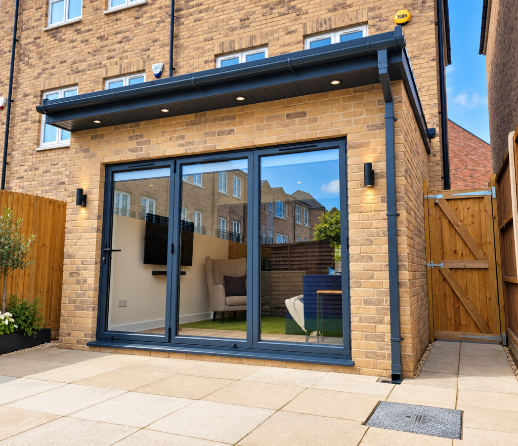 Modern brick house extension with large anthracite grey aluminium bifold doors opening onto a paved garden patio.