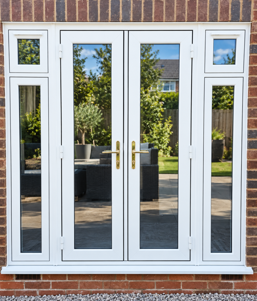 White uPVC French doors with full-height glazed side panels installed in a red-brick property, overlooking the garden.