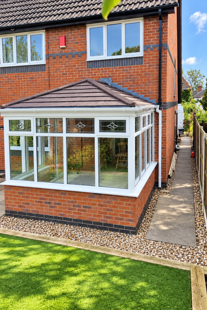 White uPVC conservatory with large glazed windows, French doors and a tiled roof attached to a red-brick house.