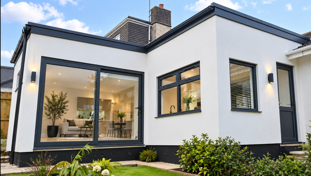 Modern white-rendered house extension featuring large anthracite grey sliding patio doors and matching windows.