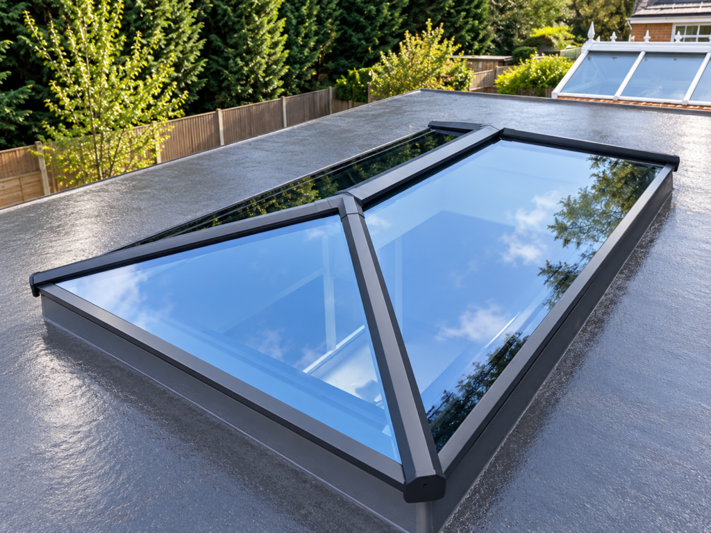 Black aluminium roof lantern installed on a flat roof by NuEra Glazing