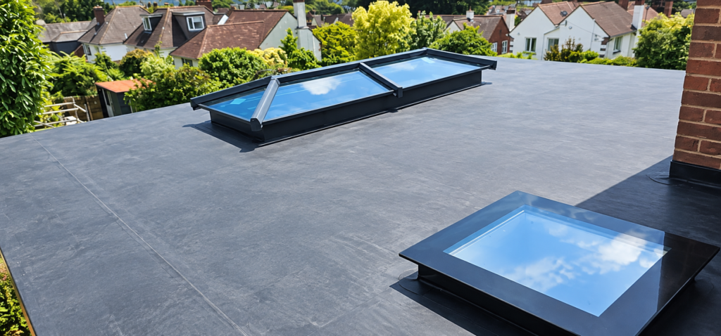 Two black aluminium roof lantern skylights installed on a modern flat roof.