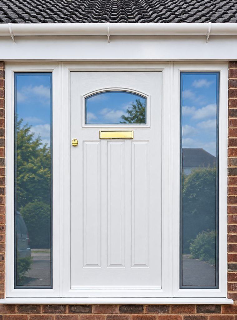 White composite front door with decorative glazing and two full-height glazed side panels
