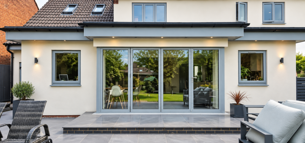 Modern rear house extension with large glazed patio doors and white-framed windows