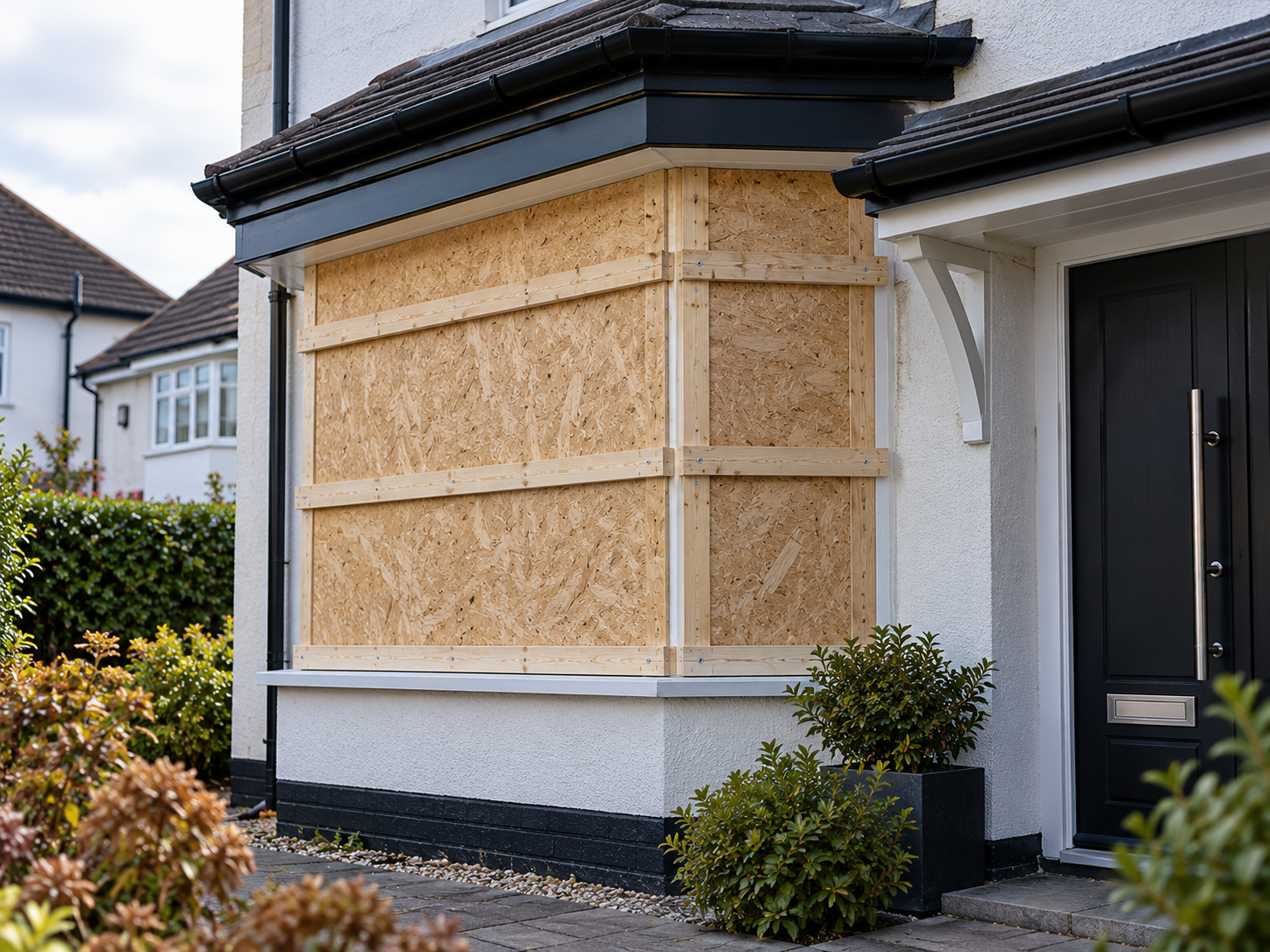 Emergency timber boarding securing a bay window on a residential property following glazing damage.