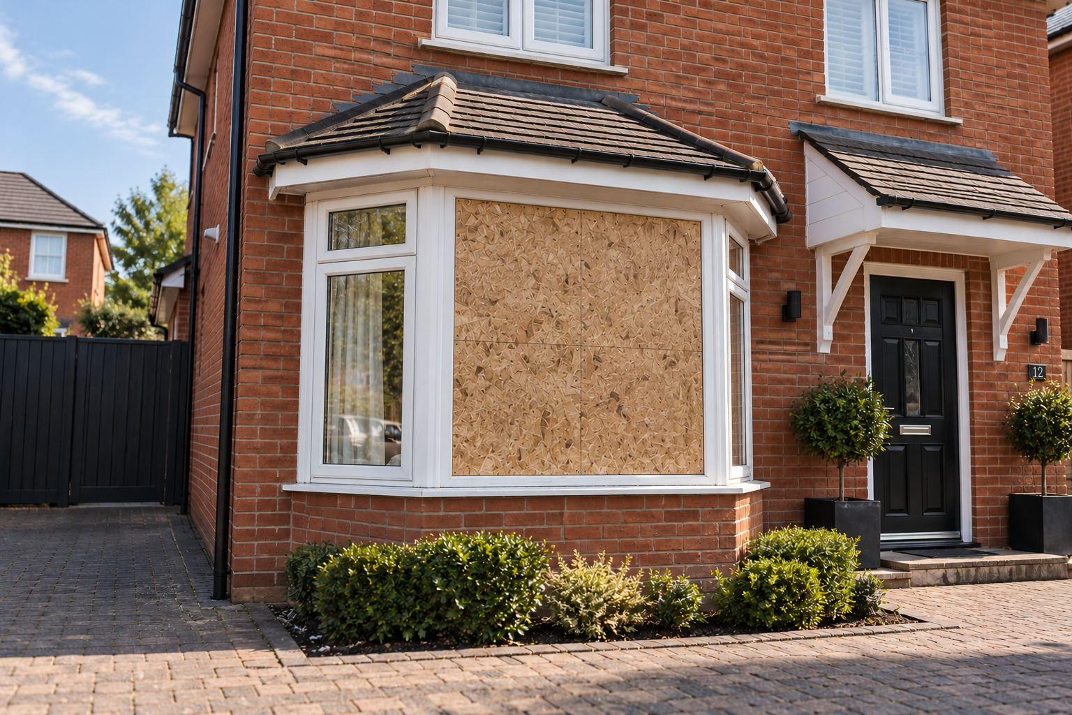 Ground-floor bay window temporarily boarded with plywood following glass damage at a red-brick house.