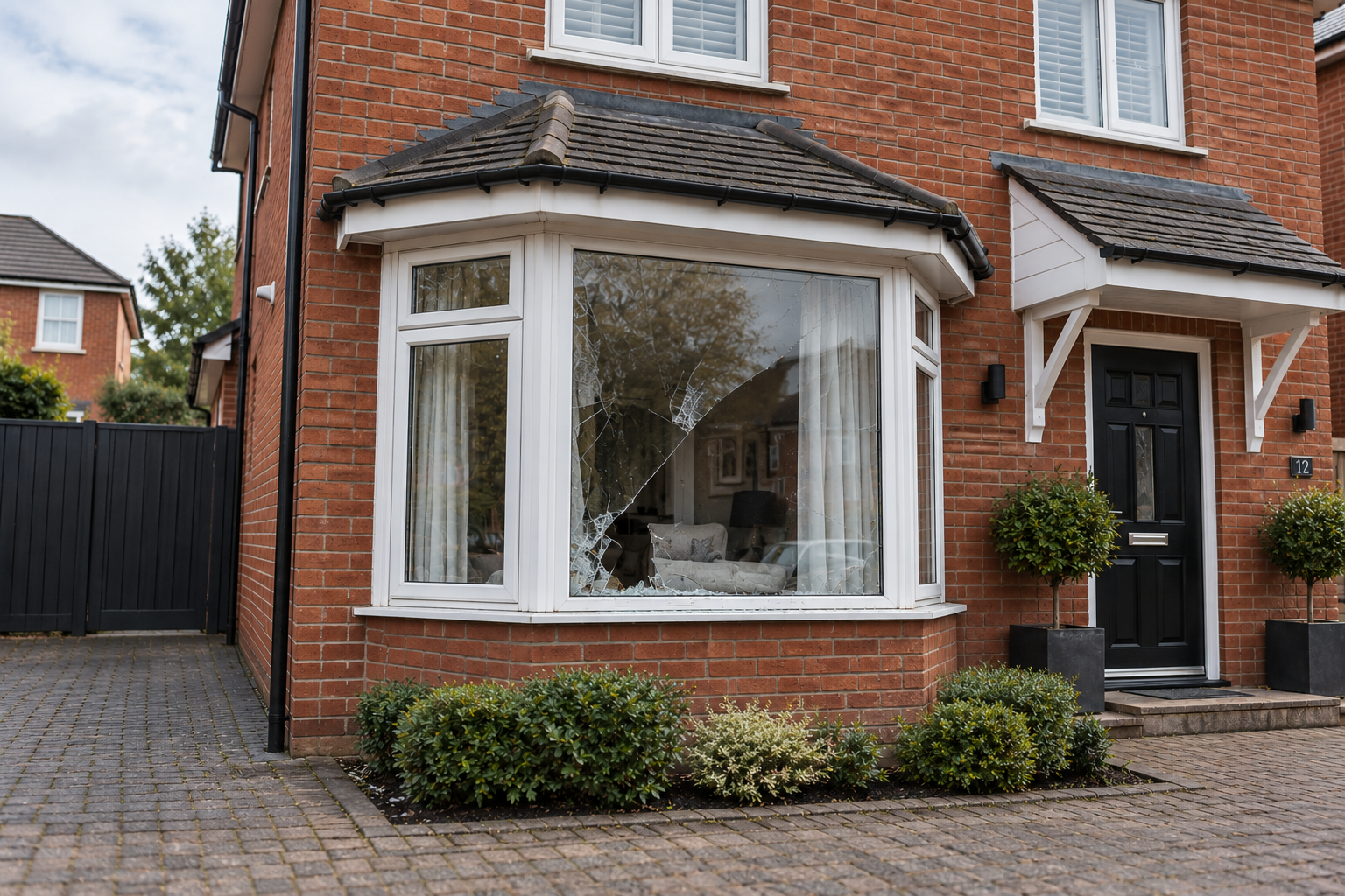 Broken ground-floor bay window with cracked glazing at a red-brick residential property.
