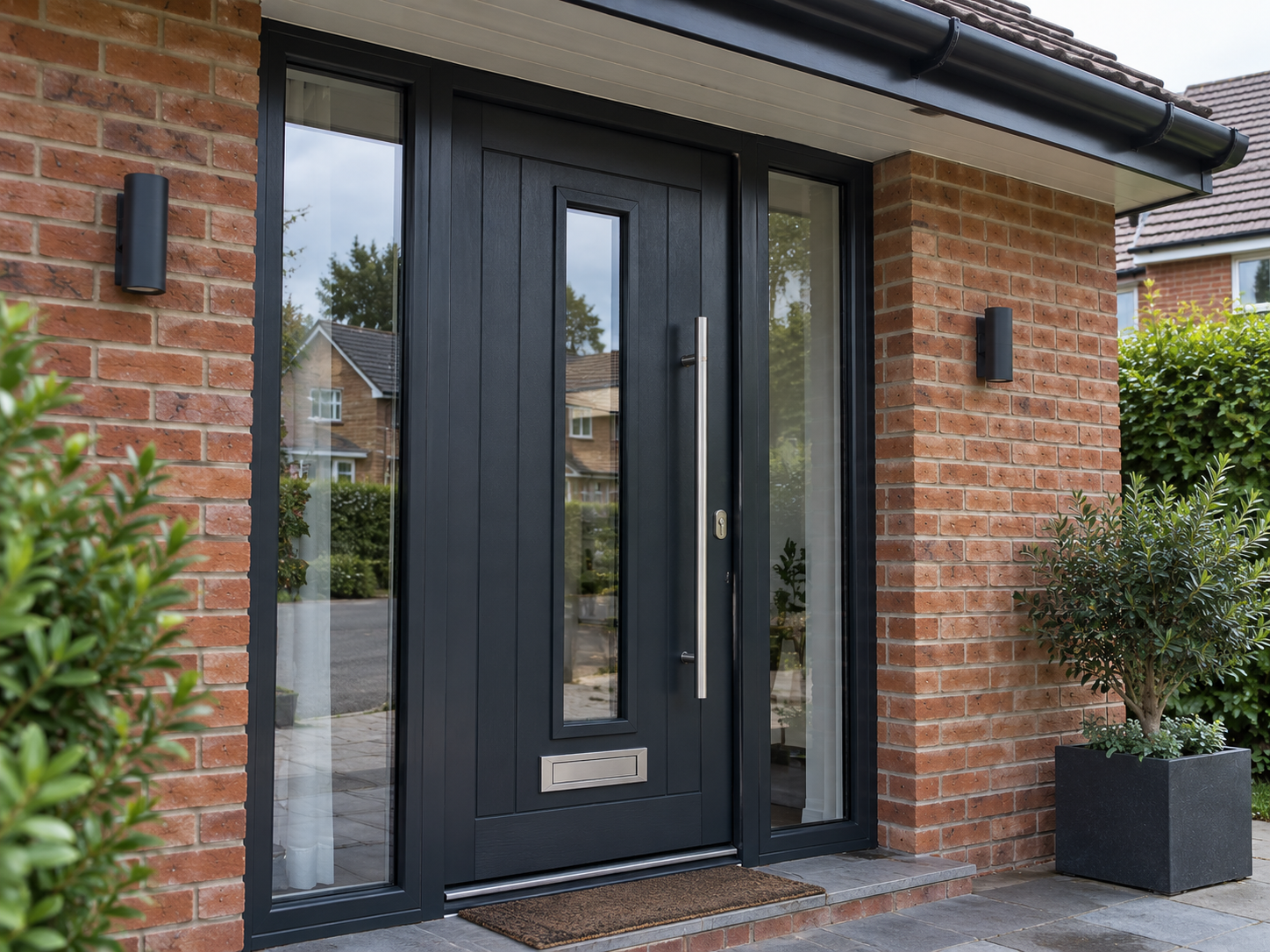 Modern charcoal grey front door with glazed side panels installed in a red brick house