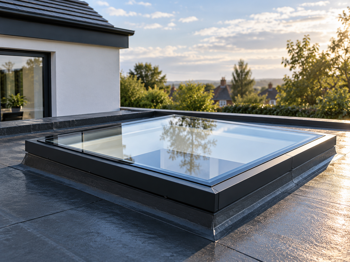 Modern flat glass rooflight with a slimline anthracite grey frame installed on the flat roof of a contemporary UK home extension.