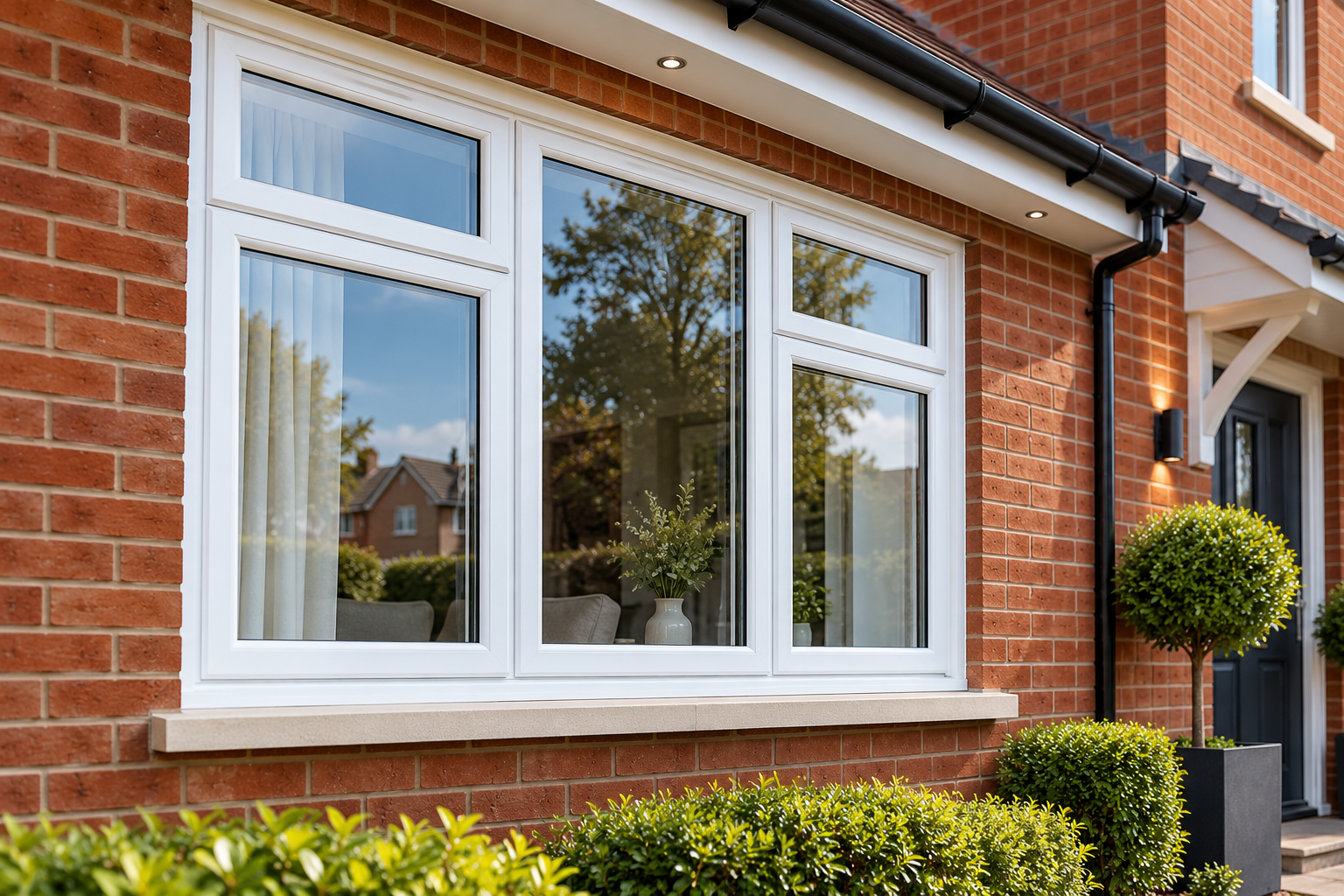 White uPVC bay window with double-glazed panels installed in a traditional red brick house.